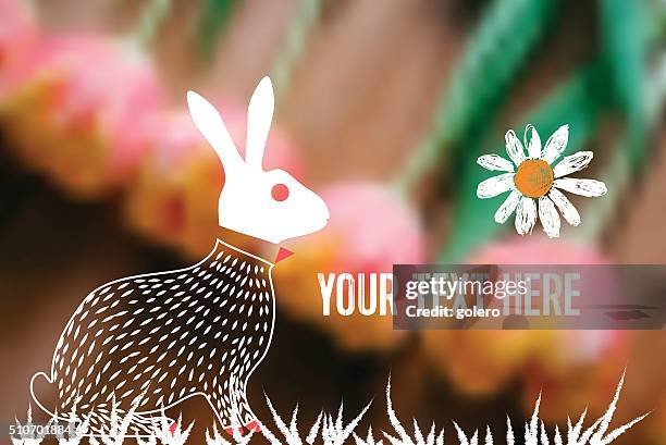vector line art easter bunny on blurred flower background - welcome kit template stock illustrations