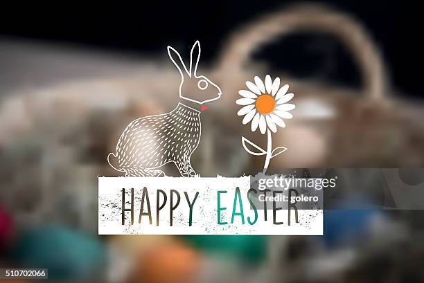 line art easter bunny badge on blurred easter basket - spring background blurred stock illustrations