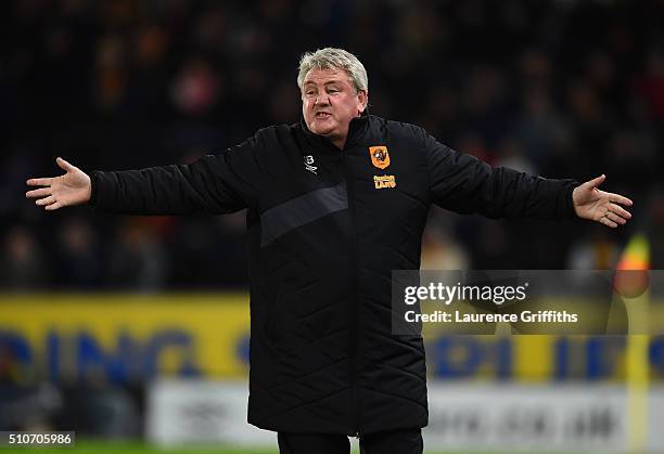 Steve Bruce of Hull City looks on during the Sky Bet Championship match between Hull City and Brighton and Hove Albion at KC Stadium on February 16,...