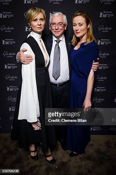 Cynthia Nixon, Terence Davies and Jennifer Ehle attend the 'Quiet Passion Pre Premiere at Glashuette Lounge' on February 14, 2016 in Berlin, Germany.