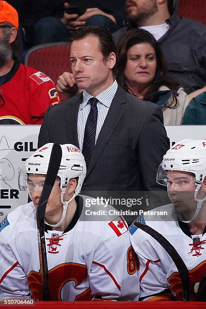 Assistant coach Martin Gelinas of the Calgary Flames on the bench during the NHL game against the Arizona Coyotes at Gila River Arena on February 12,...