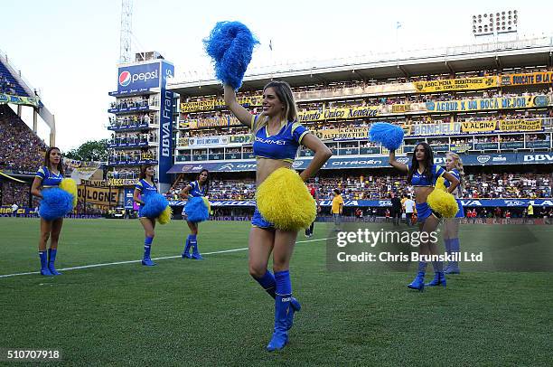 Boca Juniors cheerleaders perform ahead of the Argentine Primera Division match between Boca Juniors and Atletico Tucuman at the Alberto J Armando...