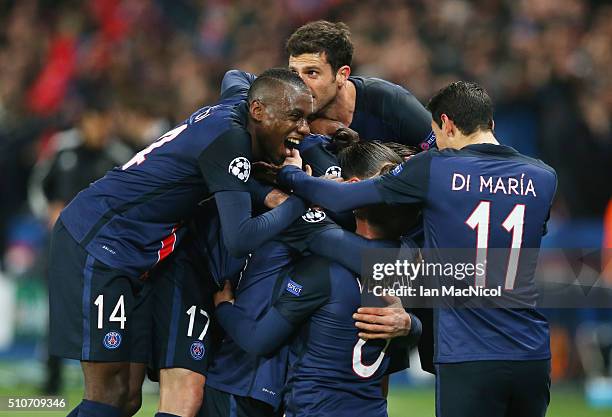 Zlatan Ibrahimovic of Paris Saint Germain celebrates after he scores during the UEFA Champions League Round of 16 First Leg match between Paris...