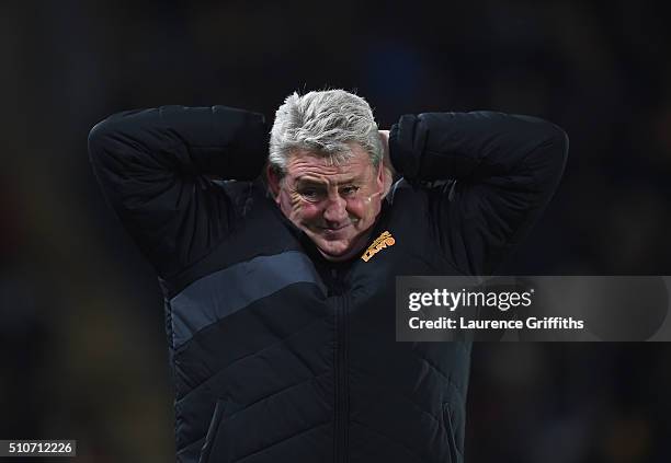 Steve Bruce of Hull City looks on during the Sky Bet Championship match between Hull City and Brighton and Hove Albion at KC Stadium on February 16,...