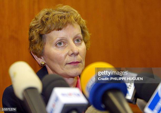 Liege's King prosecutor Josseline Bodson gives a press conference on French serial killer Michel Fourniret, 15 July 2004 in Dinant. AFP PHOTO...