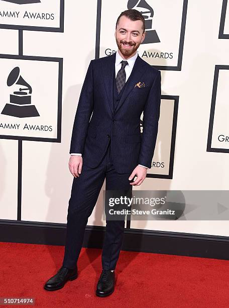 Sam Smith arrives at the The 58th GRAMMY Awards at Staples Center on February 15, 2016 in Los Angeles City.