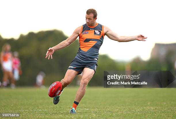 Steve Johnson of the Giants kicks during the Greater Western Sydney GIants AFL Intra-Club match at Tom Wills Oval on February 17, 2016 in Sydney,...