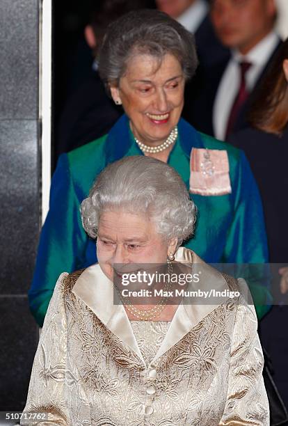 Queen Elizabeth II accompanied by her Lady-in-Waiting Lady Susan Hussey departs after attending the Gold Service Scholarship awards ceremony at...