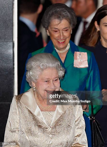 Queen Elizabeth II accompanied by her Lady-in-Waiting Lady Susan Hussey departs after attending the Gold Service Scholarship awards ceremony at...