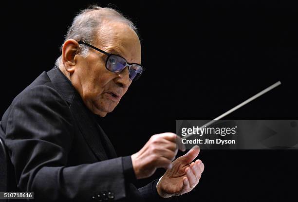 Italian composer Ennio Morricone performs at the O2 Arena, on February 16, 2016 in London, England.