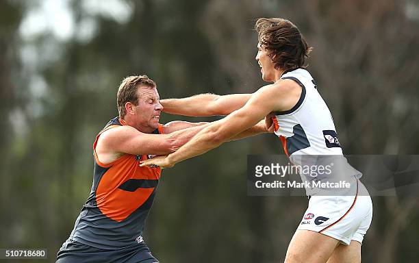 Steve Johnson and Phil Davis of the Giants compete during the Greater Western Sydney GIants AFL Intra-Club match at Tom Wills Oval on February 17,...