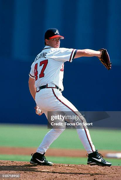 Tom Glavine of the Atlanta Braves pitches during a Major League Baseball spring training game circa 1997 at Municipal Stadium in West Palm Beach,...