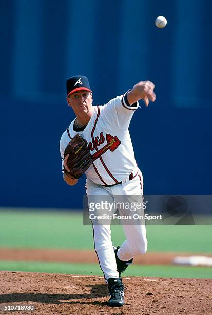 Tom Glavine of the Atlanta Braves pitches during a Major League Baseball spring training game circa 1997 at Municipal Stadium in West Palm Beach,...