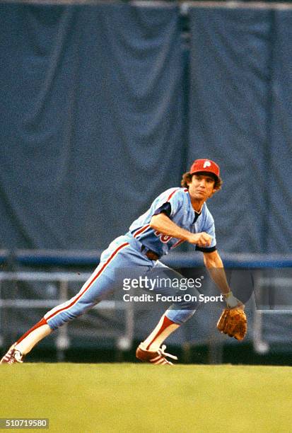 Larry Bowa of the Philadelphia Phillies reacts to a ground ball against the Atlanta Braves during an Major League Baseball game circa 1975 at...