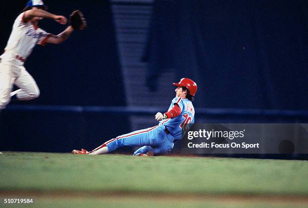 Larry Bowa of the Philadelphia Phillies slides into second base against the Atlanta Braves during an Major League Baseball game circa 1975 at...