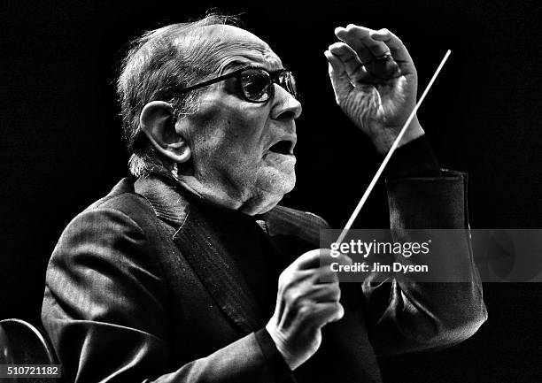 Italian composer Ennio Morricone performs at the O2 Arena, on February 16, 2016 in London, England.