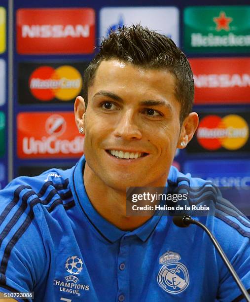 Cristiano Ronaldo of Real Madrid attends a press conference at Stadio Olimpico on February 16, 2016 in Rome, Italy.