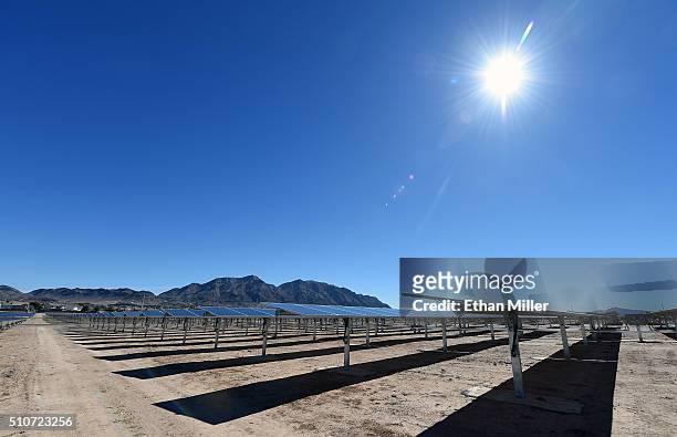 Rows of solar panels operate during a dedication ceremony to commemorate the completion of the 102-acre, 15-megawatt Solar Array II Generating...