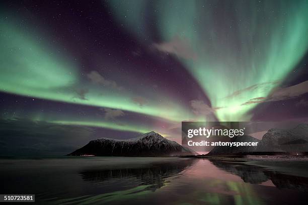 aurora borealis over the lofoten island of flakstadøya, arctic norway - aurora borealis stock pictures, royalty-free photos & images