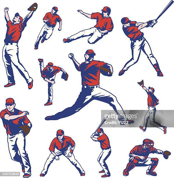 stockillustraties, clipart, cartoons en iconen met baseball players set - honkbal