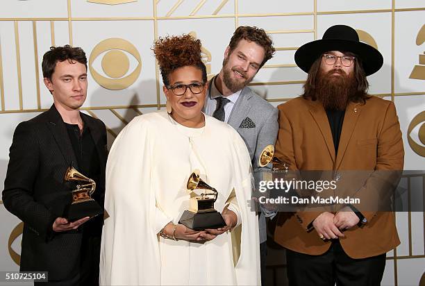 Musicians Heath Fogg, Brittany Howard, Steve Johnson, and Zac Cockrell of Alabama Shakes, winners of the Best Alternative Music Album award, Best...