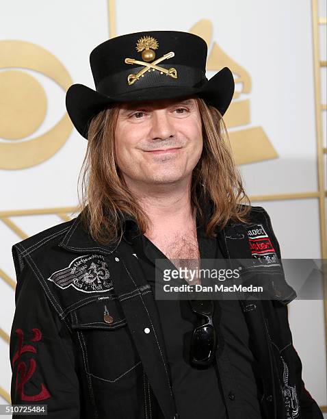 Music producer Paul Inder, son of the late musician Lemmy Kilmister from Motorhead, poses in the press room during The 58th GRAMMY Awards at Staples...