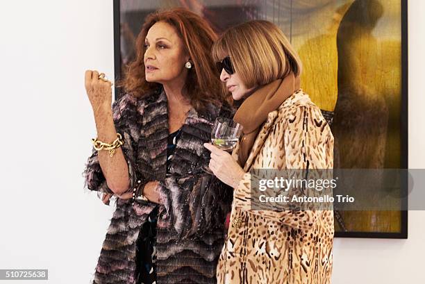 Designer Diane Von Furstenberg and Editor-in-chief of American Vogue Anna Winter pose wearing Diane Von Furstenberg Fall 2016 during New York Fashion...