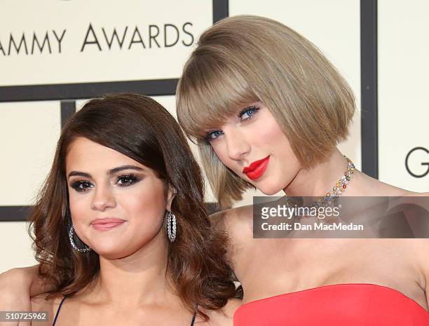 Singers Selena Gomez and Taylor Swift attend The 58th GRAMMY Awards at Staples Center on February 15, 2016 in Los Angeles, California.