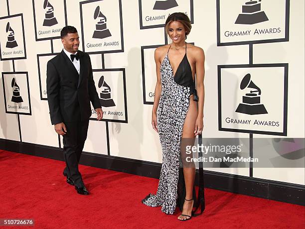 Professional football player Russell Wilson and singer Ciara attend The 58th GRAMMY Awards at Staples Center on February 15, 2016 in Los Angeles,...
