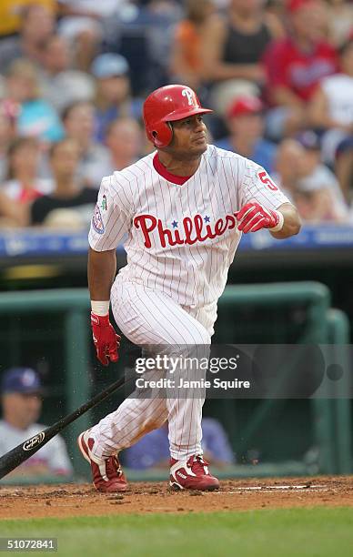 Outfielder Bobby Abreu of the Philadelphia Phillies swings at a Montreal Expos pitch during the game at Citizens Bank Park on July 1, 2004 in...