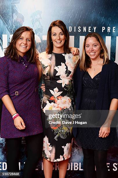 Megan Dyos, Laura Penhaul and Emma Mitchell of The Coxless Crew attend 'The Finest Hours' Gala Premiere at Ham Yard Hotel on February 16, 2016 in...