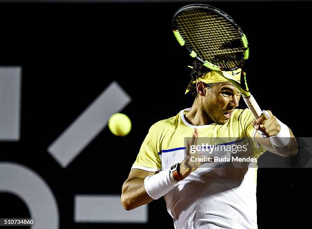 Rafael Nadal of Spain returns a shot to Pablo Carreno Busta of Spain during the Rio Open at Jockey Club Brasileiro on February 16, 2016 in Rio de...