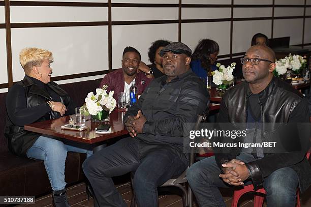 Singer and actress Tamela Mann, actor David Mann, and Roger M. Bobb attend 'It's a Mann's World' season two luncheon screening at TRACE at the W on...