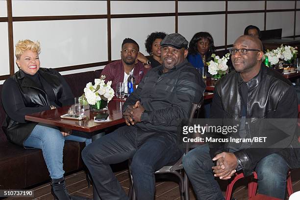 Singer and actress Tamela Mann, actor David Mann, and Roger M. Bobb attend 'It's a Mann's World' season two luncheon screening at TRACE at the W on...