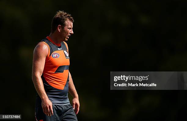 Steve Johnson of the Giants looks on during the Greater Western Sydney GIants AFL Intra-Club match at Tom Wills Oval on February 17, 2016 in Sydney,...