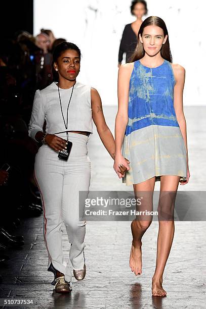 Designer Kimberly Richardson and a model walk the runway at The Art Institutes Fall 2016 fashion show during New York Fashion Week: The Shows at The...