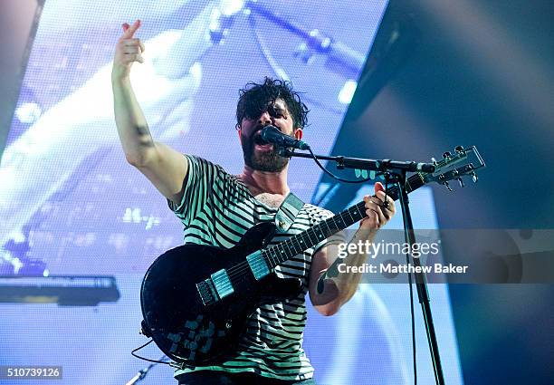 Yannis Philippakis of Foals performs at the SSE Arena, Wembley, on February 16, 2016 in London, England.