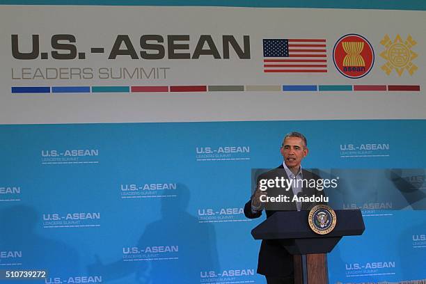 President Barack Obama speaks during a press conference on the last day of the US-ASEAN Summit, at Sunnylands in Rancho Mirage, California, USA, 16...