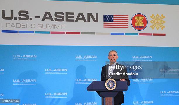 President Barack Obama speaks during a press conference on the last day of the US-ASEAN Summit, at Sunnylands in Rancho Mirage, California, USA, 16...