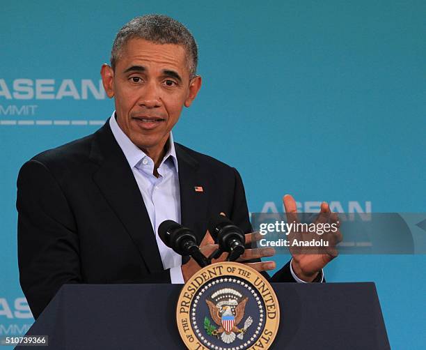 President Barack Obama speaks during a press conference on the last day of the US-ASEAN Summit, at Sunnylands in Rancho Mirage, California, USA, 16...