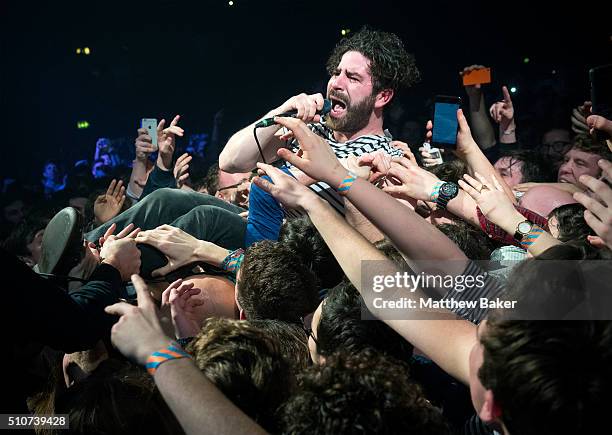 Yannis Philippakis of Foals performs at the SSE Arena, Wembley, on February 16, 2016 in London, England.