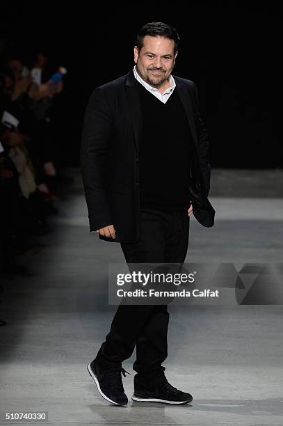 Designer Narciso Rodriguez walks the runway wearing Narciso Rodriguez Fall 2016 during New York Fashion Week at SIR Stage 37 on February 16, 2016 in...