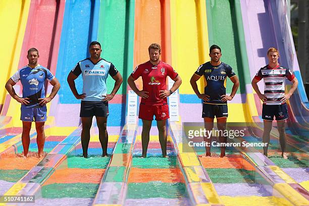 Matt Hodgson of the Force, Wycliff Palu of the Waratahs, James Slipper of the Reds, Christian Lealiifano of the Brumbies and Nic Stirzaker of the...