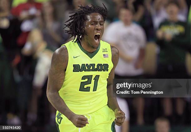 Taurean Prince of the Baylor Bears celebrates after scoring against the Iowa State Cyclones in the first half at Ferrell Center on February 16, 2016...