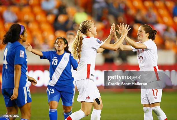 Rebecca Quinn and Jessie Fleming of Canada celebrate after Quinn scored a second half goal against Guatemala during the 2016 CONCACAF Women's Olympic...