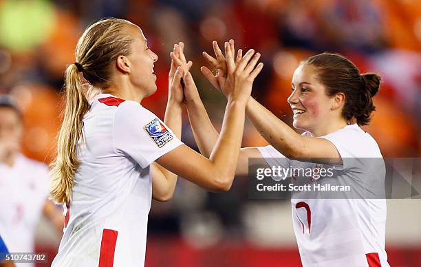 Rebecca Quinn and Jessie Fleming of Canada celebrate after Quinn scored a second half goal against Guatemala during the 2016 CONCACAF Women's Olympic...