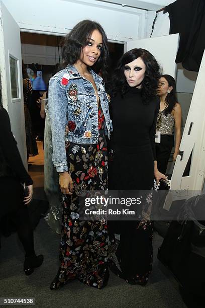 Model poses with designer Stacey Bendet at the alice + olivia by Stacey Bendet Fall 2016 presentation at The Gallery, Skylight at Clarkson Sq on...
