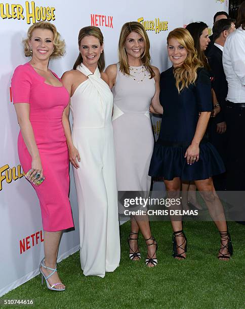 Jodie Sweetin, Adrea Barber, Lori Loughlin and Candace Cameron Bure arrive for the premiere of "Fuller Housse" in Los Angeles, California, February...