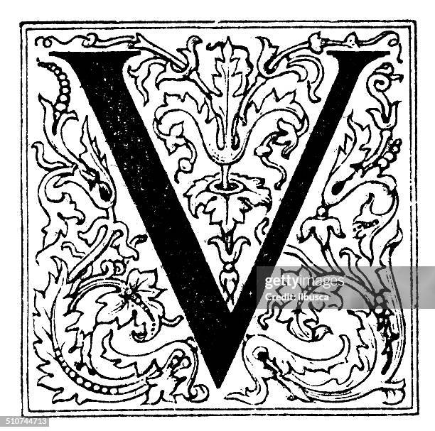 stockillustraties, clipart, cartoons en iconen met antique illustration of ornate letter v - letter v