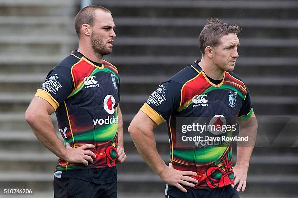 Simon Mannering and Ryan Hoffman look on during a New Zealand Warriors NRL media and training session at Mt Smart Stadium on February 17, 2016 in...